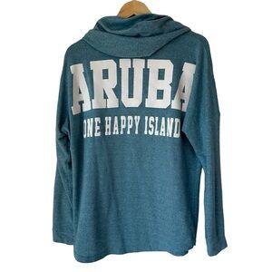 Aruba One Happy Island Teal Blue Long Sleeve Hoodie Top, Large